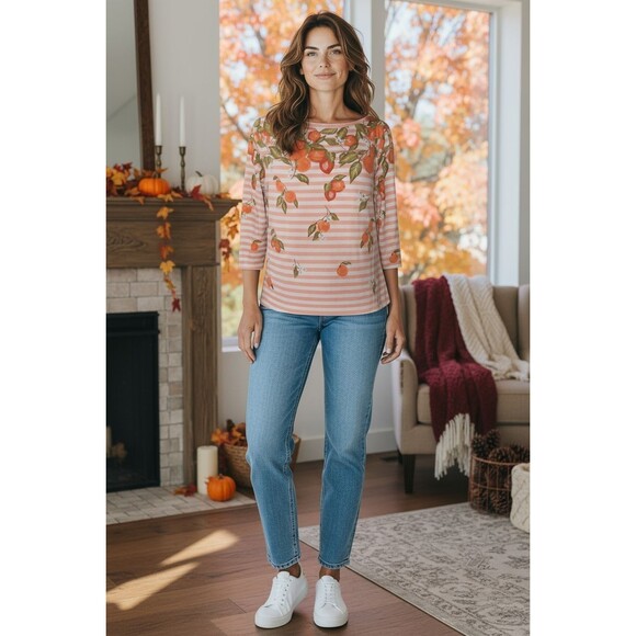 Bateau Neck  3/4 Sleeve Tee - Citrus Stripes - Stretchable Talbot Woman's - Med - Picture 6 of 6